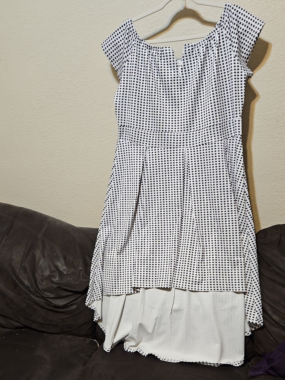 Pinup Couture White Dress with Black Polka Grid High-Low Hem